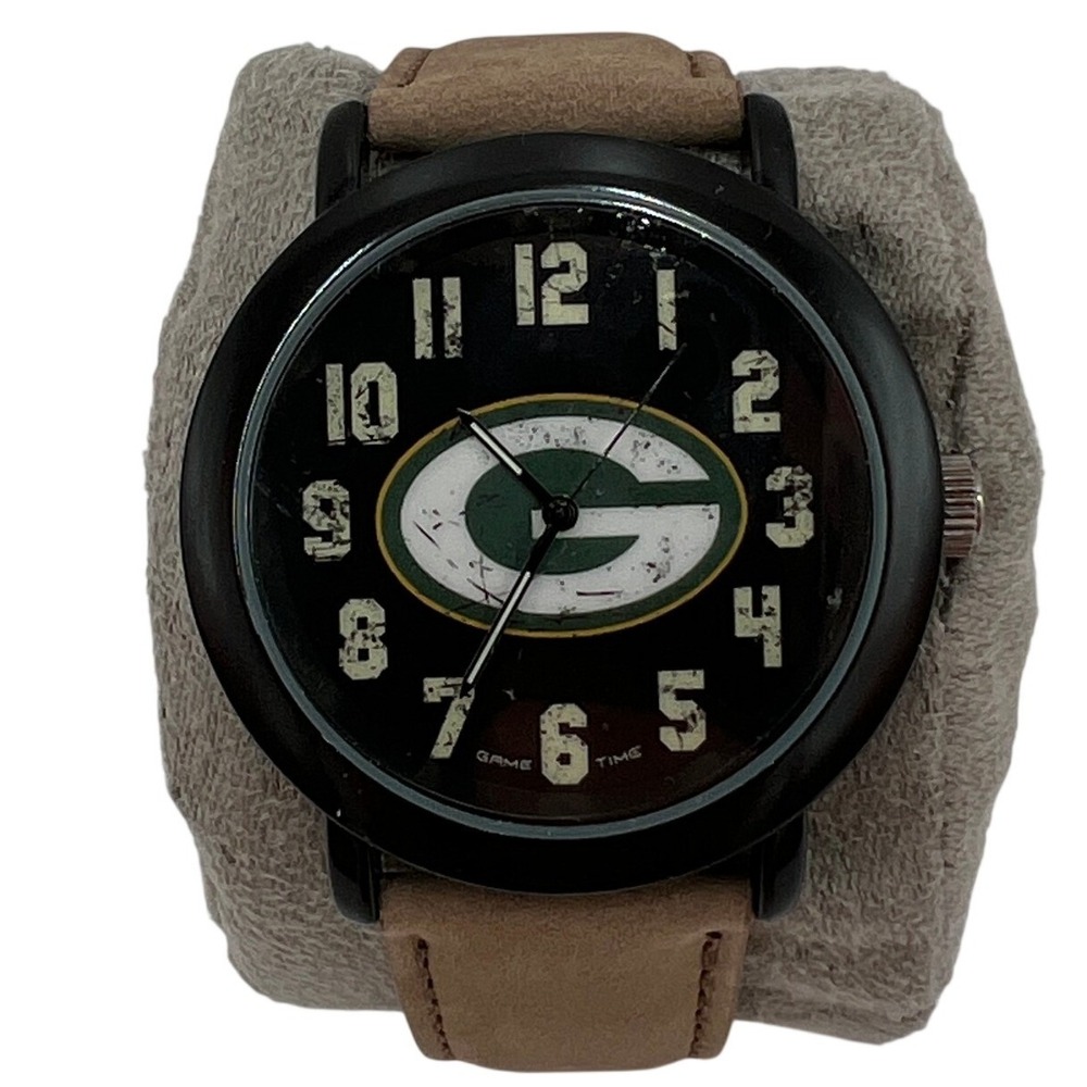 Game Time Green Bay Packers Watch Mens Black Case Tan Leather Band NFL TBK